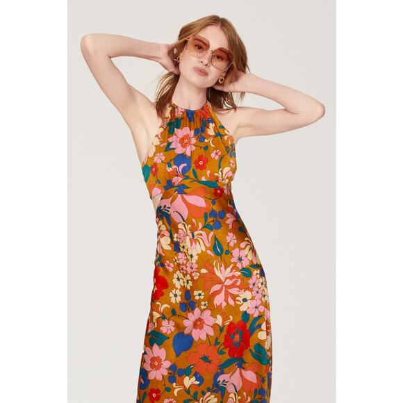 ASTR Talitha Rust Floral Print Halter High Neck Tie Back Cocktail Midi Dress M - Picture 4 of 14